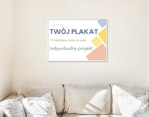 plakat wiszący na beżowej ścianie.